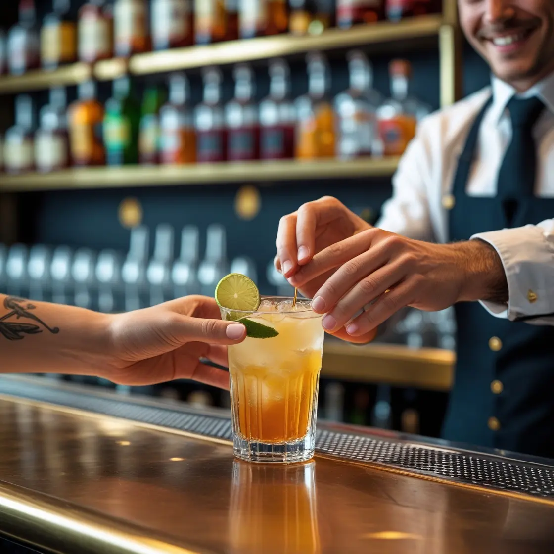 A bartender hands a cocktail with lime garnish to a customer across a bar counter.