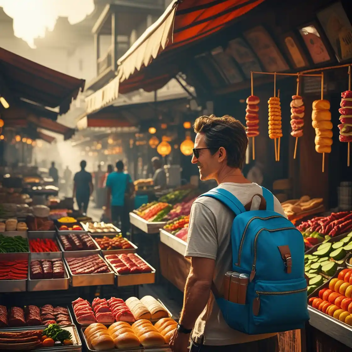 Man strolling around the food markets