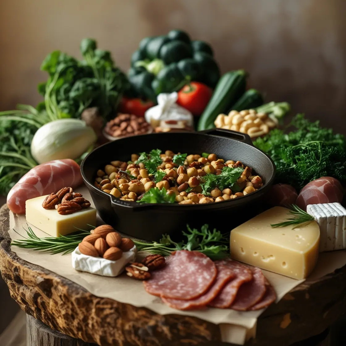 A cast iron skillet surrounded and filled with potential keto gifts