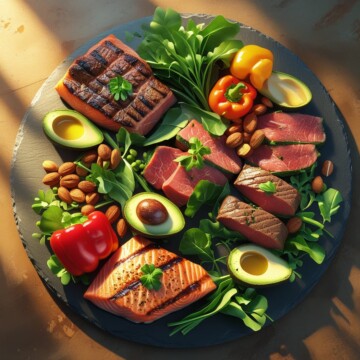 A plate showcasing variety of keto foods including meats, leaves, avocados and nuts