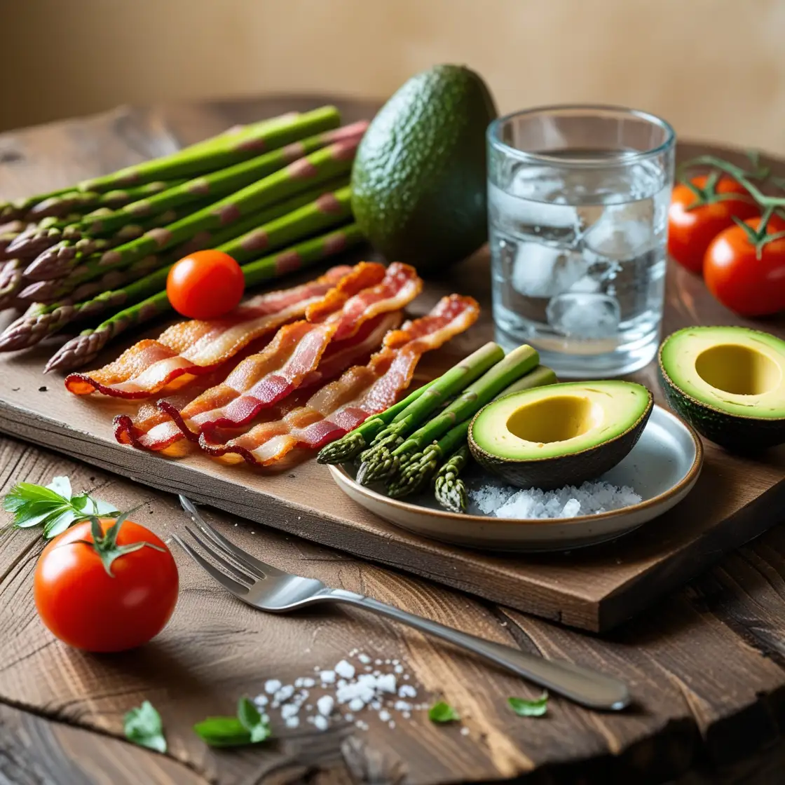 An assortment of simple keto foods, with bacon and avocados.