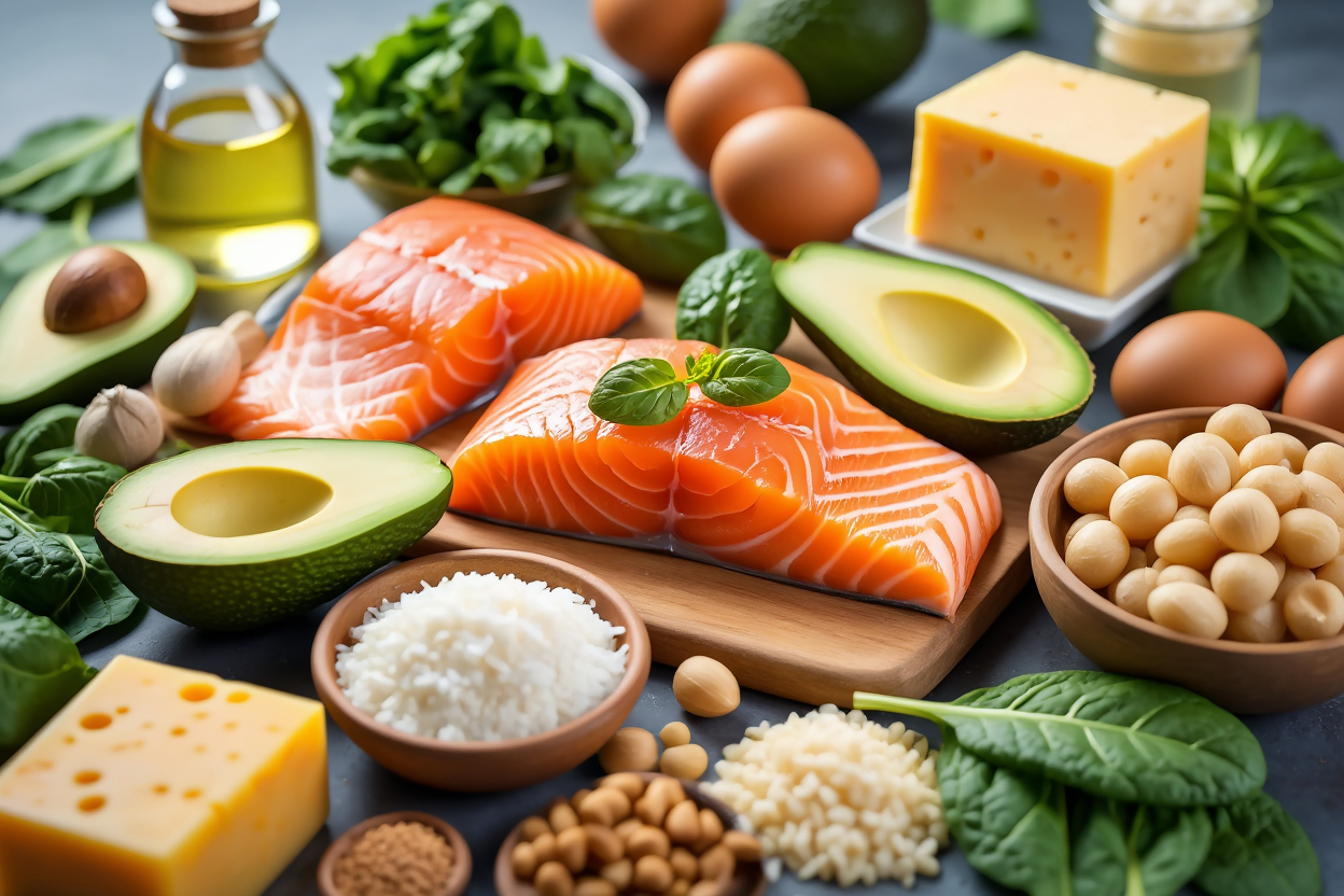 An image showcasing collection of keto-friendly foods with salmon and avocado at center