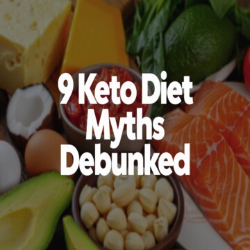 An image with bold letters spelling out " 9 Keto Diet Myths Debunked", with various keto foods in the background.