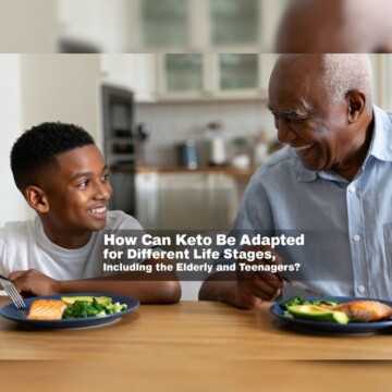 A teenage boy and elderly man sit together at a wooden dining table, each with plates of keto-friendly food including grilled salmon, avocado slices, and green vegetables. The text "How Can Keto Be Adapted for Different Life Stages, Including the Elderly and Teenagers?" appears in the center foreground of the image.