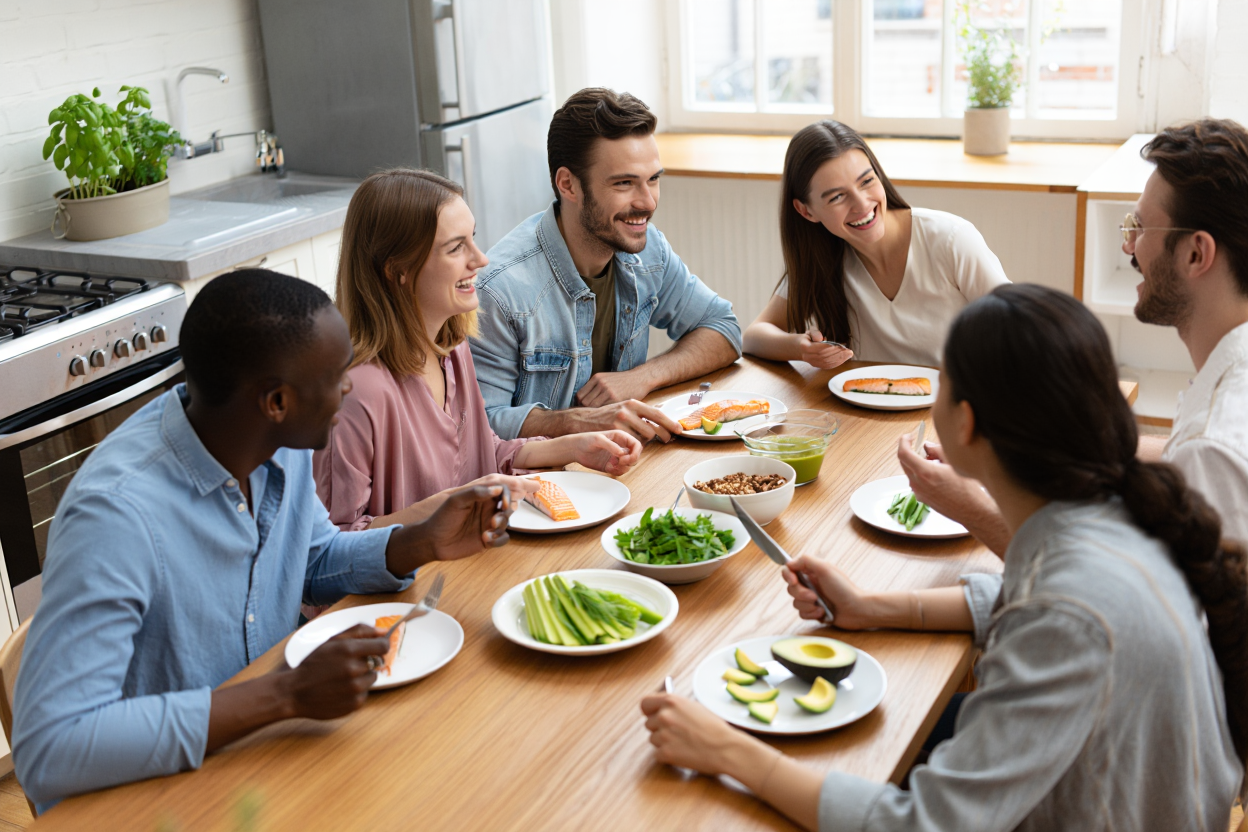 A group of six young adults sit around a wooden dining table in a bright, modern kitchen. The table displays keto-friendly foods including avocado slices, grilled salmon, green vegetables, and nuts arranged on white ceramic plates
