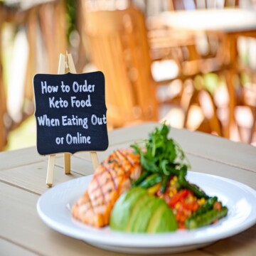 A dish displaying keto foods at a restaurant with a black board in the background with words" How to order keto at a restaurant or online'"?