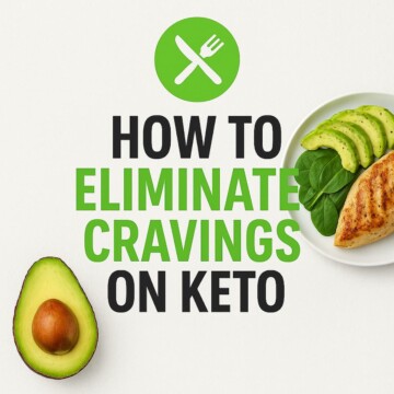 Feature image with the text 'How to Eliminate Cravings on Keto,' showing a halved avocado and a plate with grilled chicken, spinach, and sliced avocado
