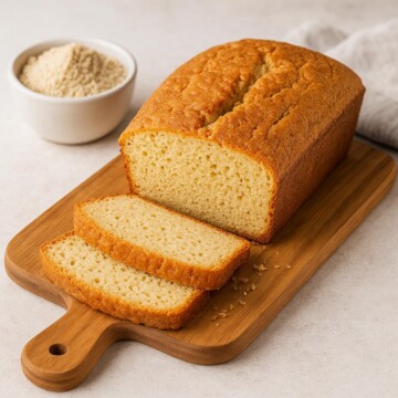 An image showing freshly baked and sliced up keto bread in a chopping board
