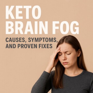 A woman with long brown hair and a pained expression holds her temple, appearing mentally fatigued. Text on beige background reads “Keto Brain Fog: Causes, Symptoms, and Proven Fixes.”