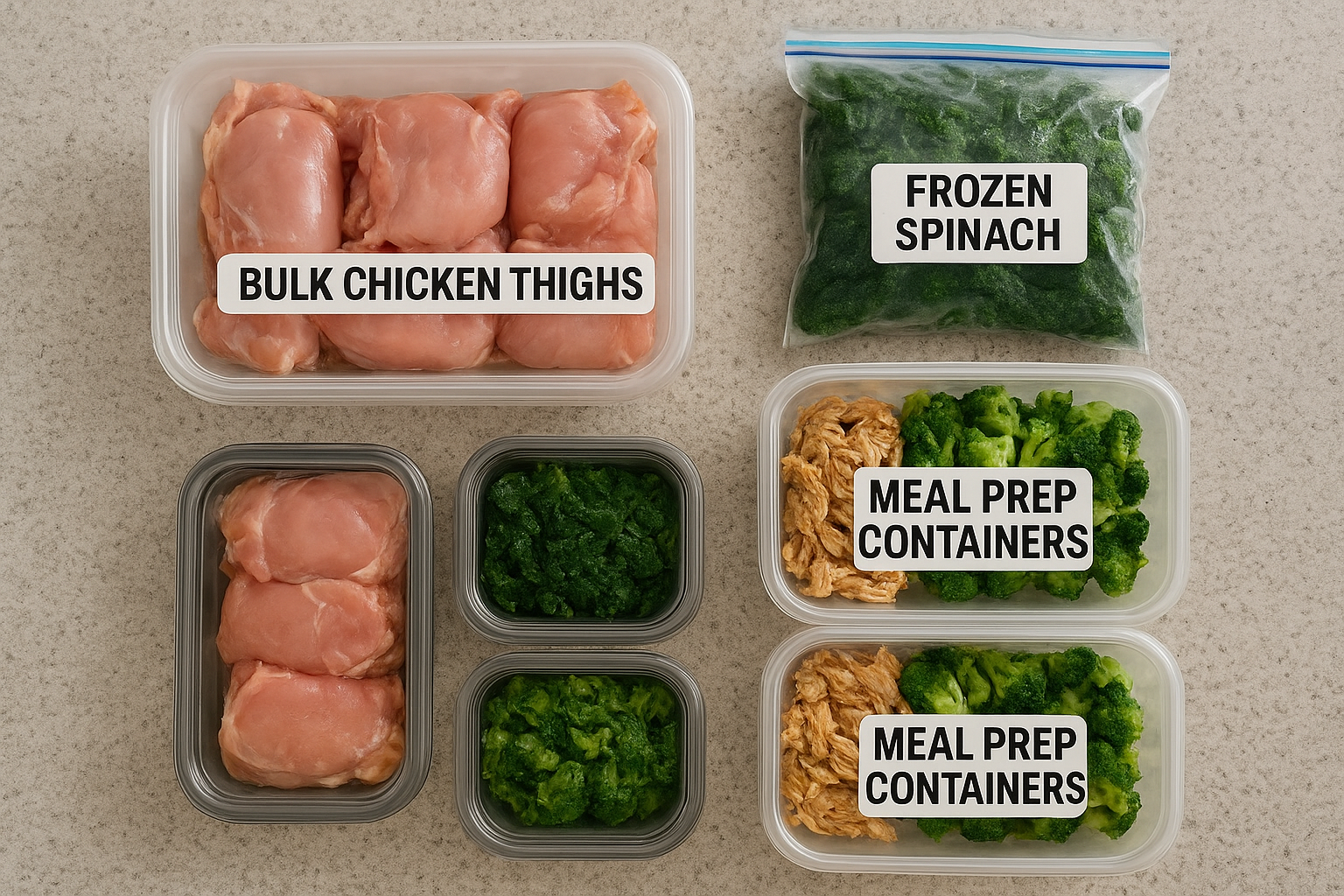 Labeled photo layout showing bulk proteins, frozen veggies, and leftovers for keto meal prep