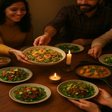 Family dinner with diverse keto dishes showing that food and culture remain connected.