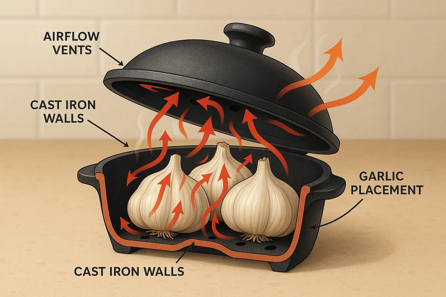 Diagram showing how a cast iron garlic roaster evenly roasts garlic bulbs