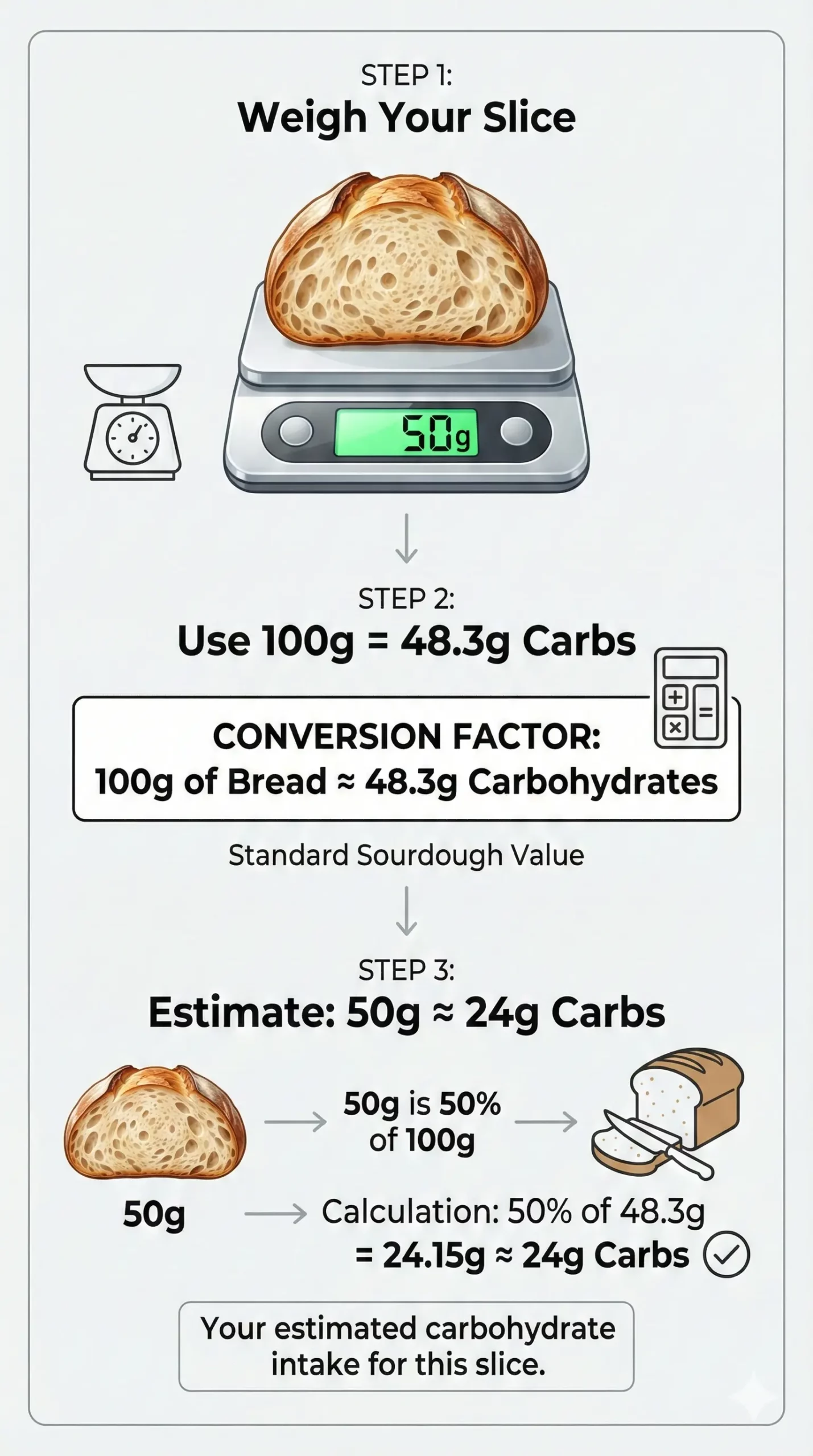 Infographic showing how to calculate carbs from sourdough slice weight