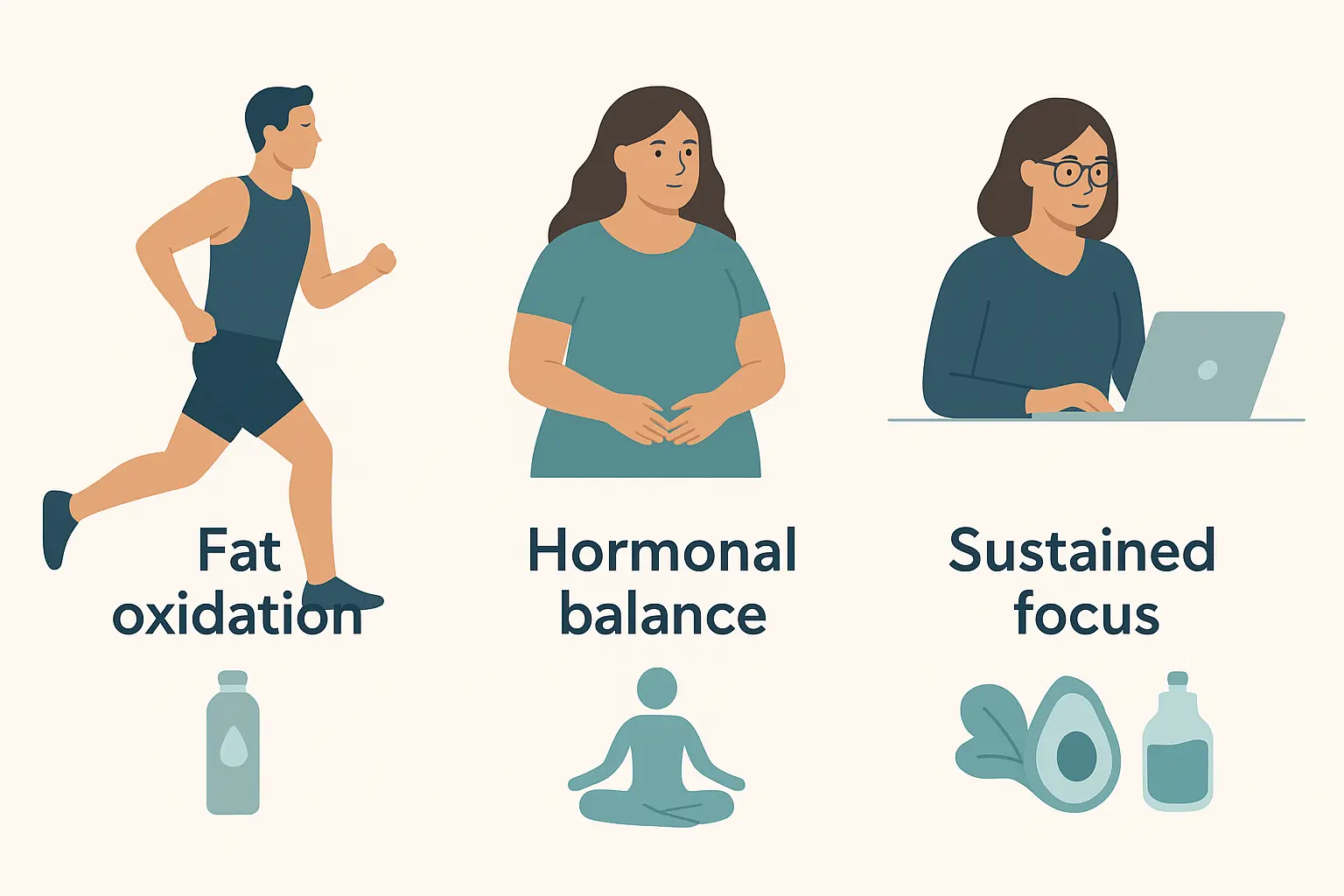 Infographic showing athletes, women with PCOS, and office professionals with their unique keto benefits.