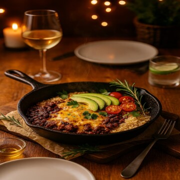 Keto Mexican skillet dinner with ground beef, melted cheese, avocado, tomatoes, and herbs in a cast iron pan on a rustic table set for two.