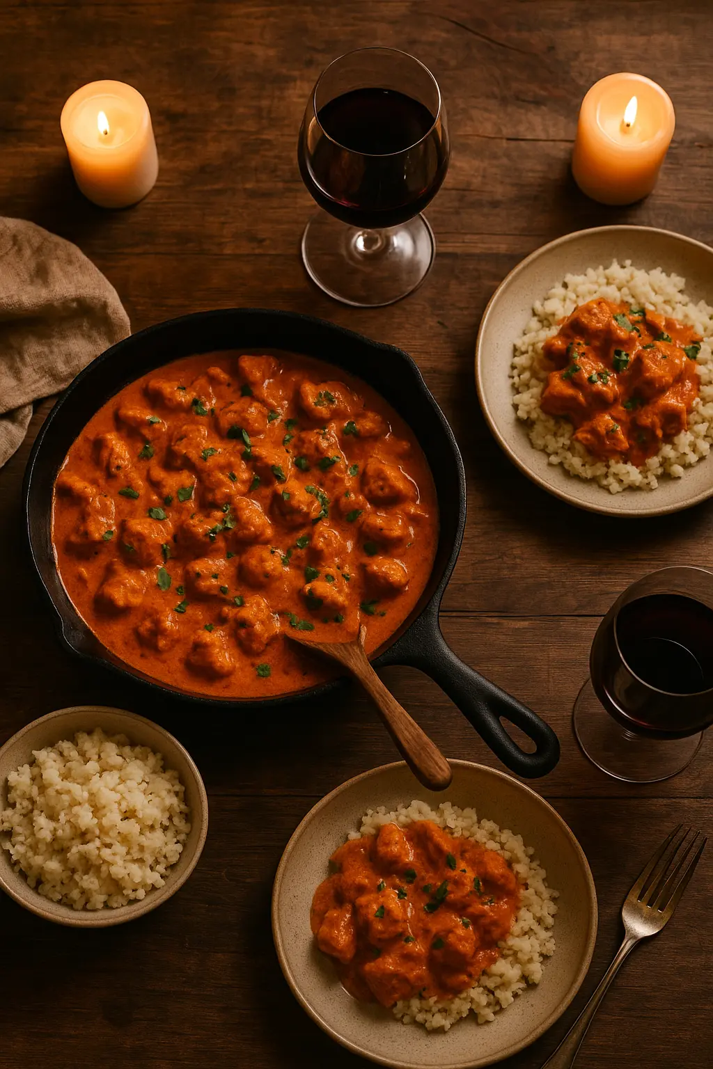 Romantic keto skillet dinner for two in a cast-iron pan