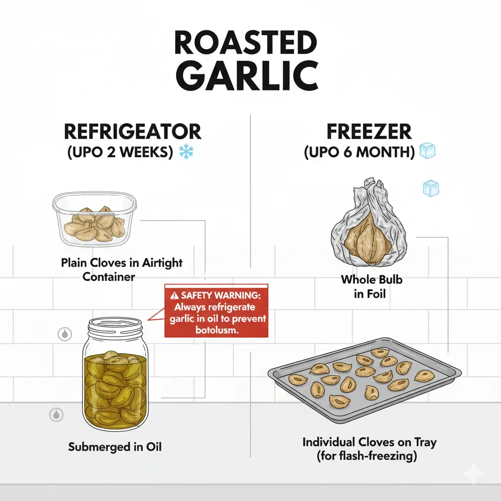 Storage methods for roasted garlic in containers and jars