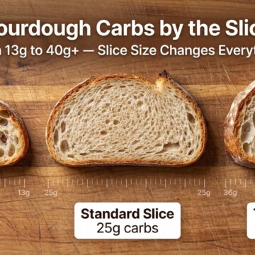 thick sourdough slices with carb counts labeled and a keto warning