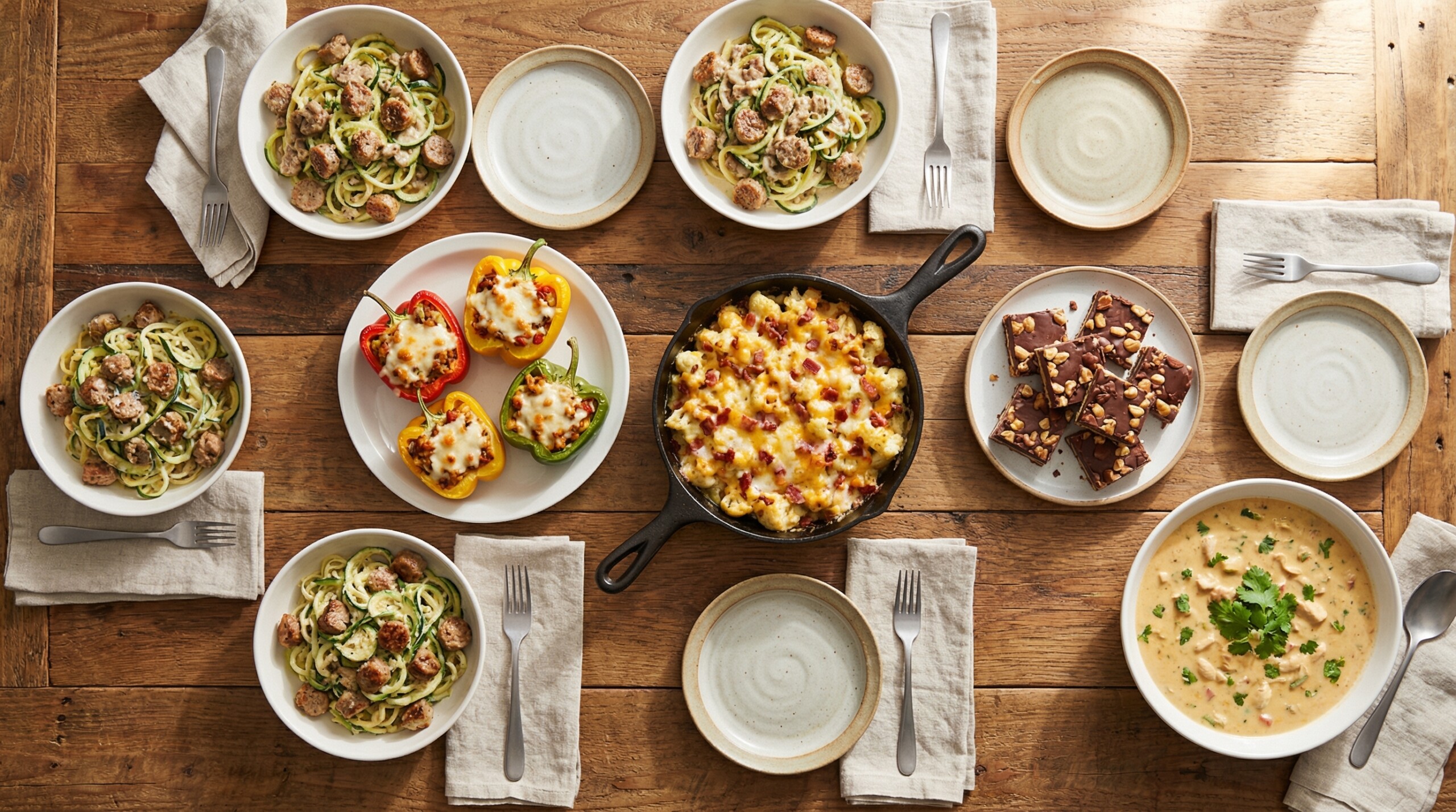 Overhead view of assorted popular keto dishes including zucchini noodles, casseroles, and keto desserts