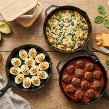 Overhead view of cast iron cookware filled with keto meals on a wooden kitchen counter with fresh ingredients and containers for meal prep