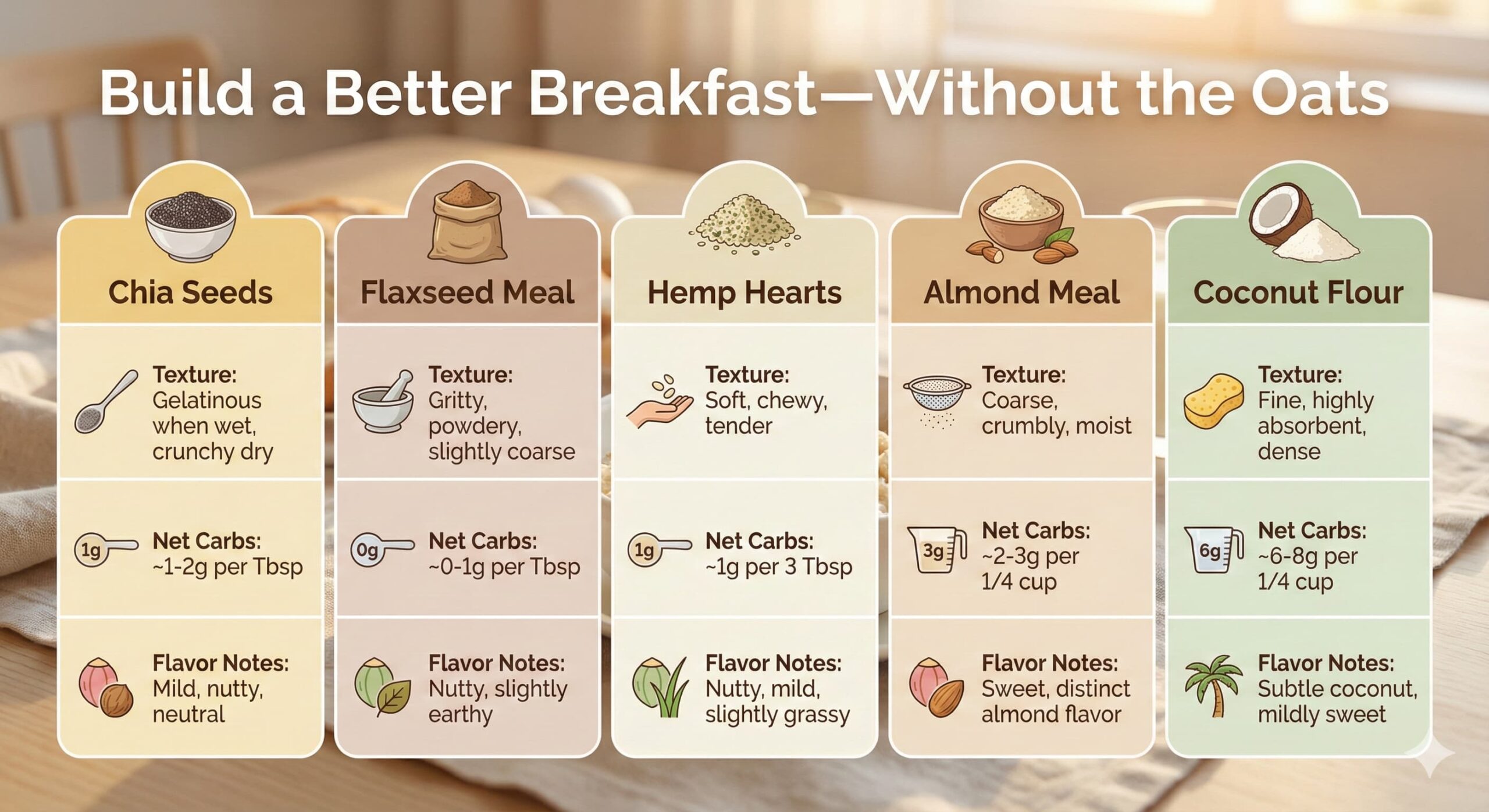 Comparison infographic of keto-friendly oatmeal alternatives by texture and carb count