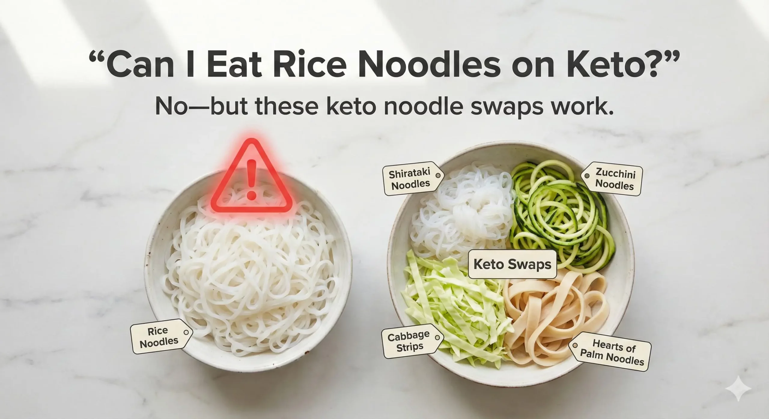 Top-down photo showing rice noodles in one bowl and keto-friendly noodle swaps in another, with text header