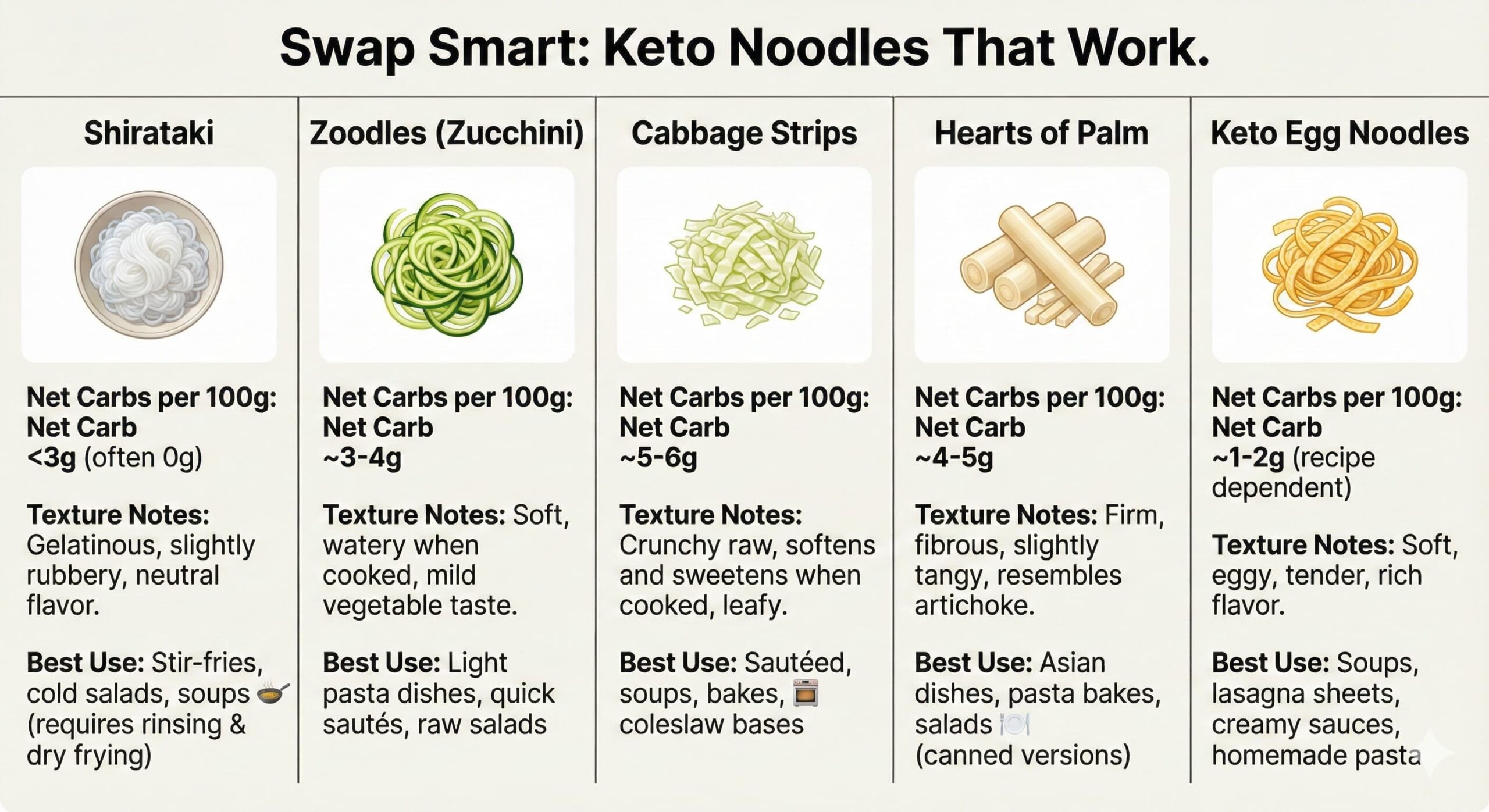 Infographic comparing shirataki, zoodles, cabbage, hearts of palm, and keto egg noodles
