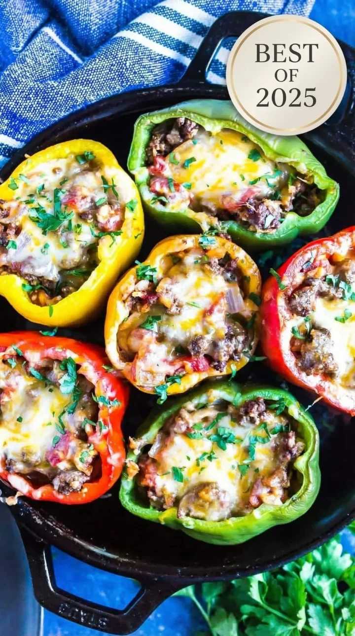 Colorful bell peppers stuffed with ground beef, melted cheese, and herbs, arranged in a cast iron skillet with a blue towel in the background