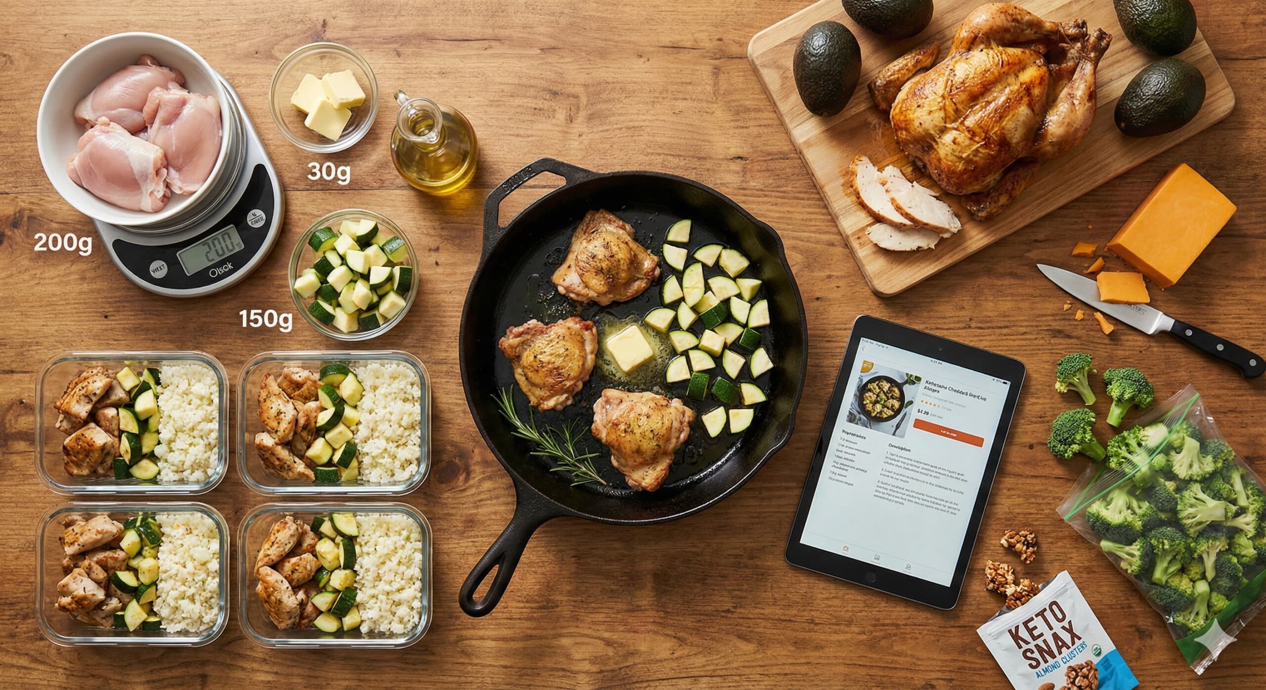 Overhead view of a kitchen counter with both structured meal prep and casual cooking elements, representing Strict and Lazy Keto styles.