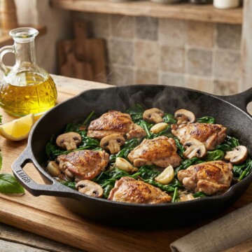 Top-down view of a single skillet cooking a keto meal with chicken, spinach, and mushrooms, surrounded by herbs and olive oil in a cozy kitchen setting.