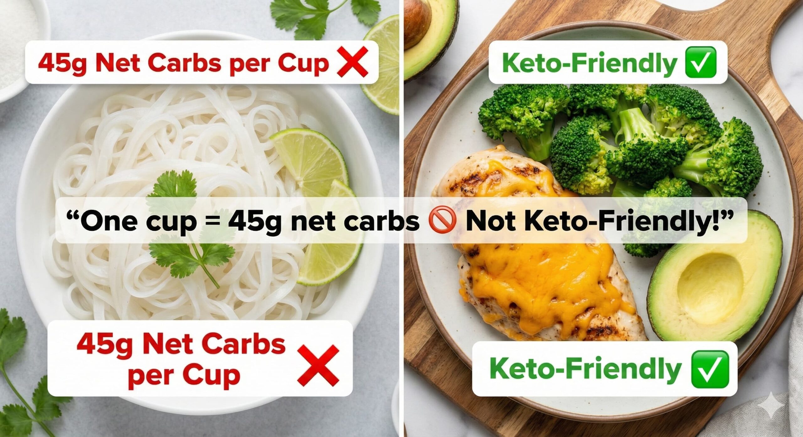 Comparison of rice noodles' carb content with a keto-approved meal