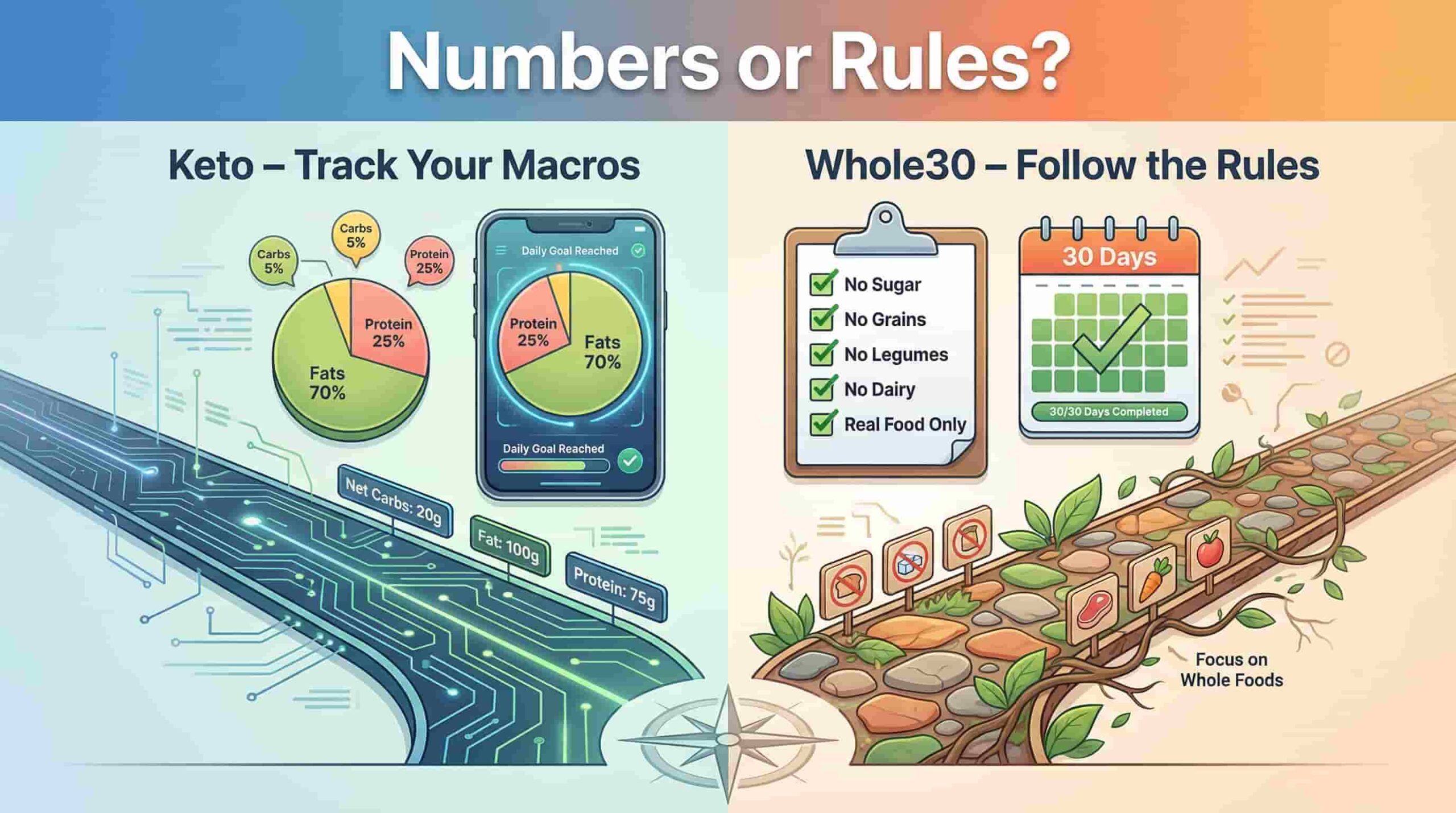 Illustration showing keto macro tracking path versus Whole30 rule-based path