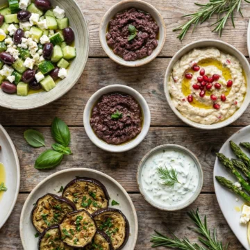 Mediterranean keto meal spread with grilled chicken, Greek salad, eggplant dip, asparagus, olives, and feta
