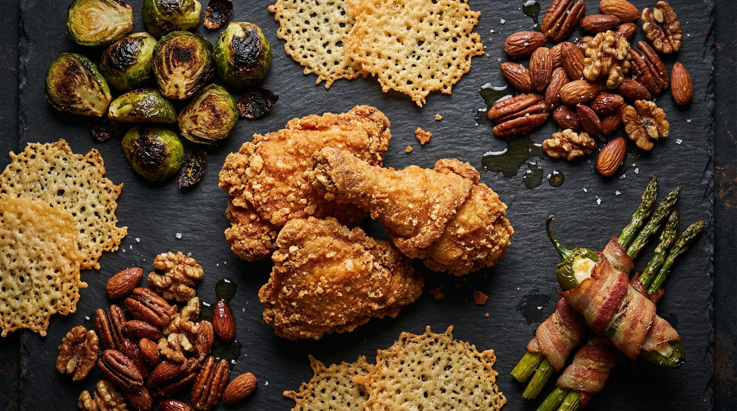 Assorted crispy and texture-rich keto foods like fried chicken, roasted Brussels sprouts, cheese crisps, and mixed nuts on a dark background