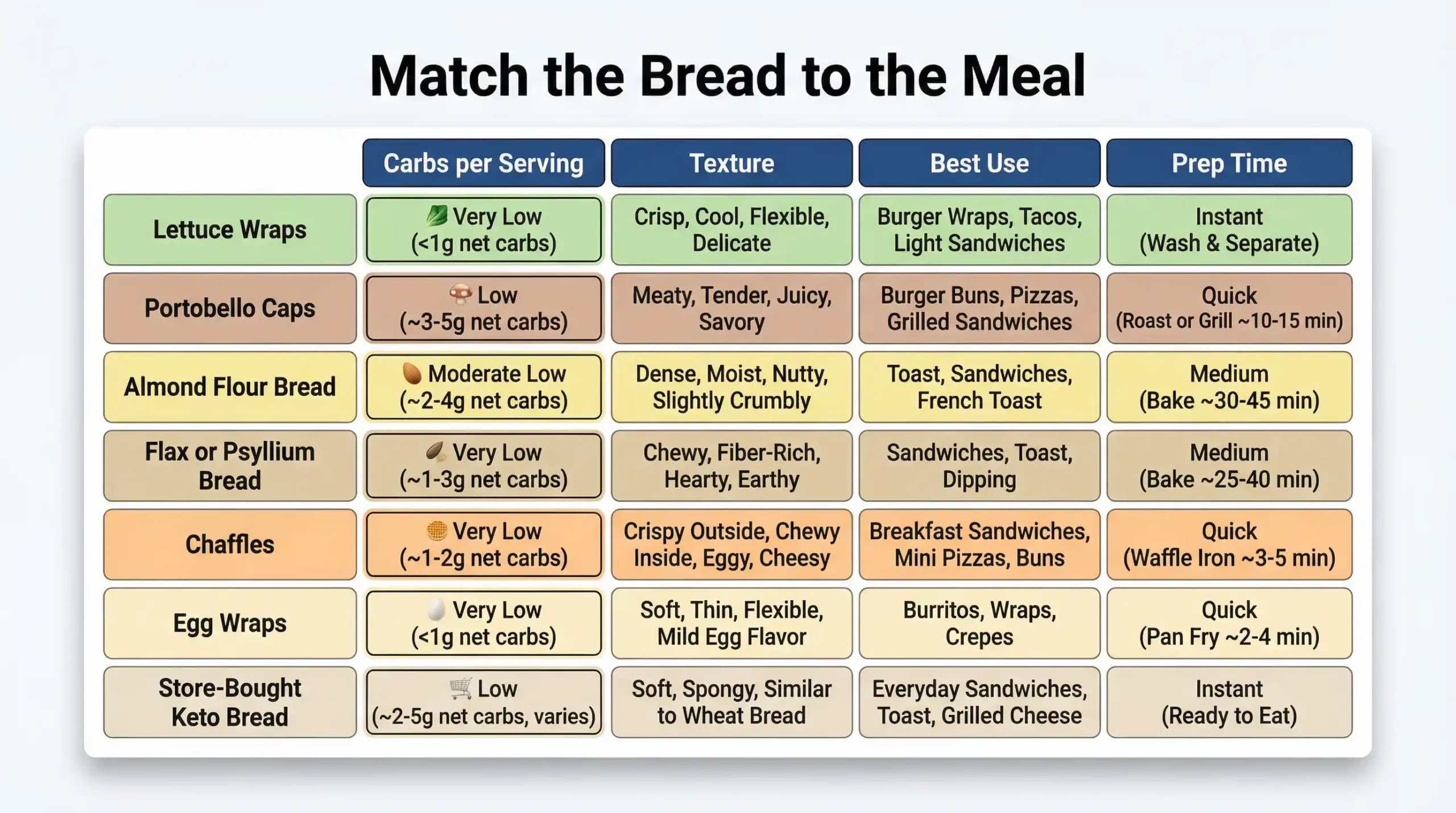 Comparison table of low carb bread alternatives by carbs texture and best use