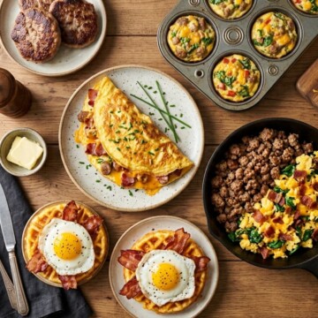 High protein keto breakfast spread with omelet, sausage, egg muffins, casserole, and chaffles arranged on a table