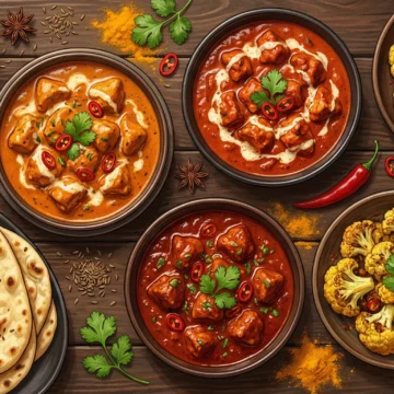 Overhead illustration of a keto-friendly Indian meal with butter chicken, tikka masala, cauliflower rice, keto naan, and spiced cauliflower on a rustic table.
