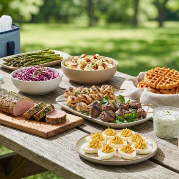 Keto picnic spread with grilled meats, salads, deviled eggs, and low carb desserts arranged on an outdoor picnic table