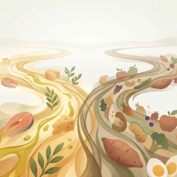 Abstract illustration of two diverging paths representing different dietary approaches