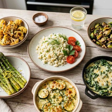 plated keto meal with a variety of colorful low-carb vegetarian side dishes including cauliflower, zucchini, spinach, asparagus, and brussels sprouts
