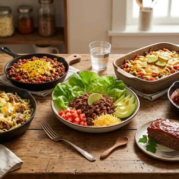 Variety of low-carb ground meat dishes including skillet meals, meatballs, and casseroles arranged on a rustic table with simple ingredients and warm lighting