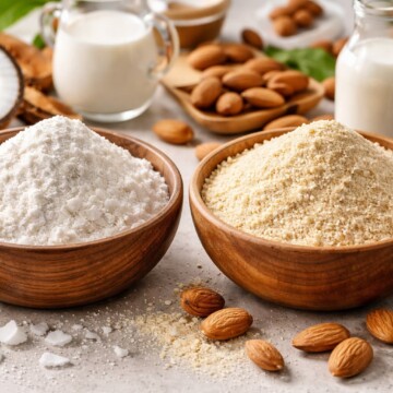 Coconut flour and almond flour in bowls with whole almonds and cracked coconut on a wooden kitchen table prepared for gluten-free baking.