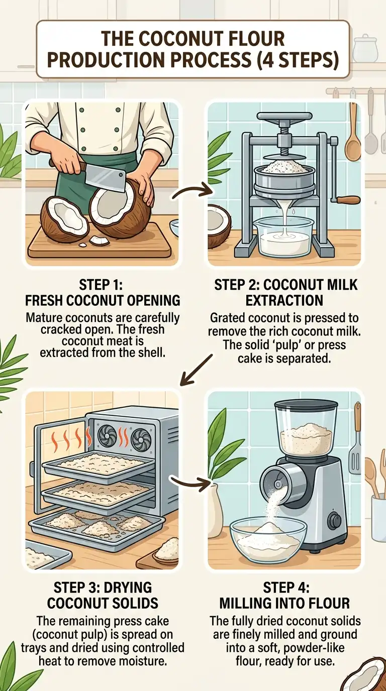 Coconut flour production process from coconut meat to fine flour powder