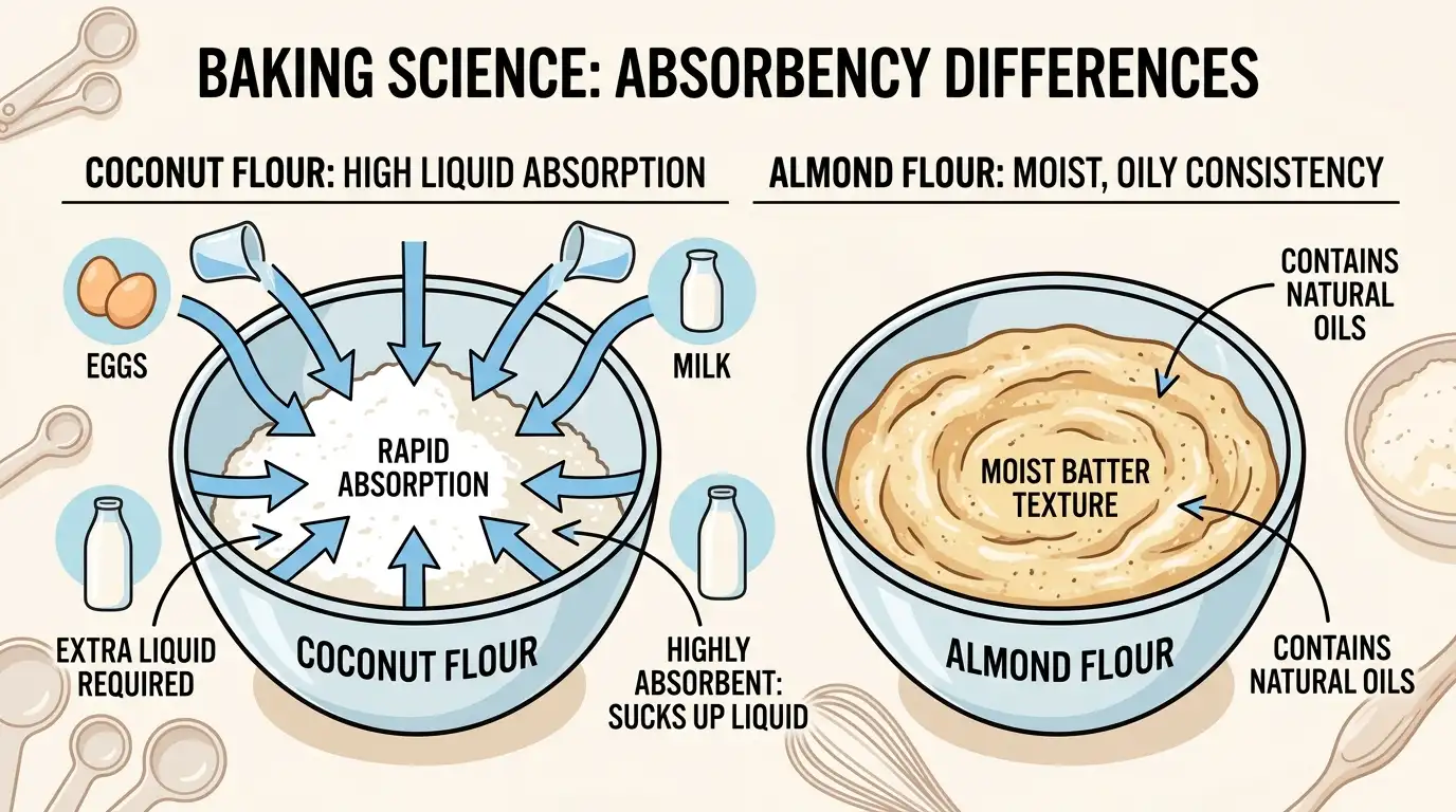 Illustration showing the difference in liquid absorption between coconut flour and almond flour when baking