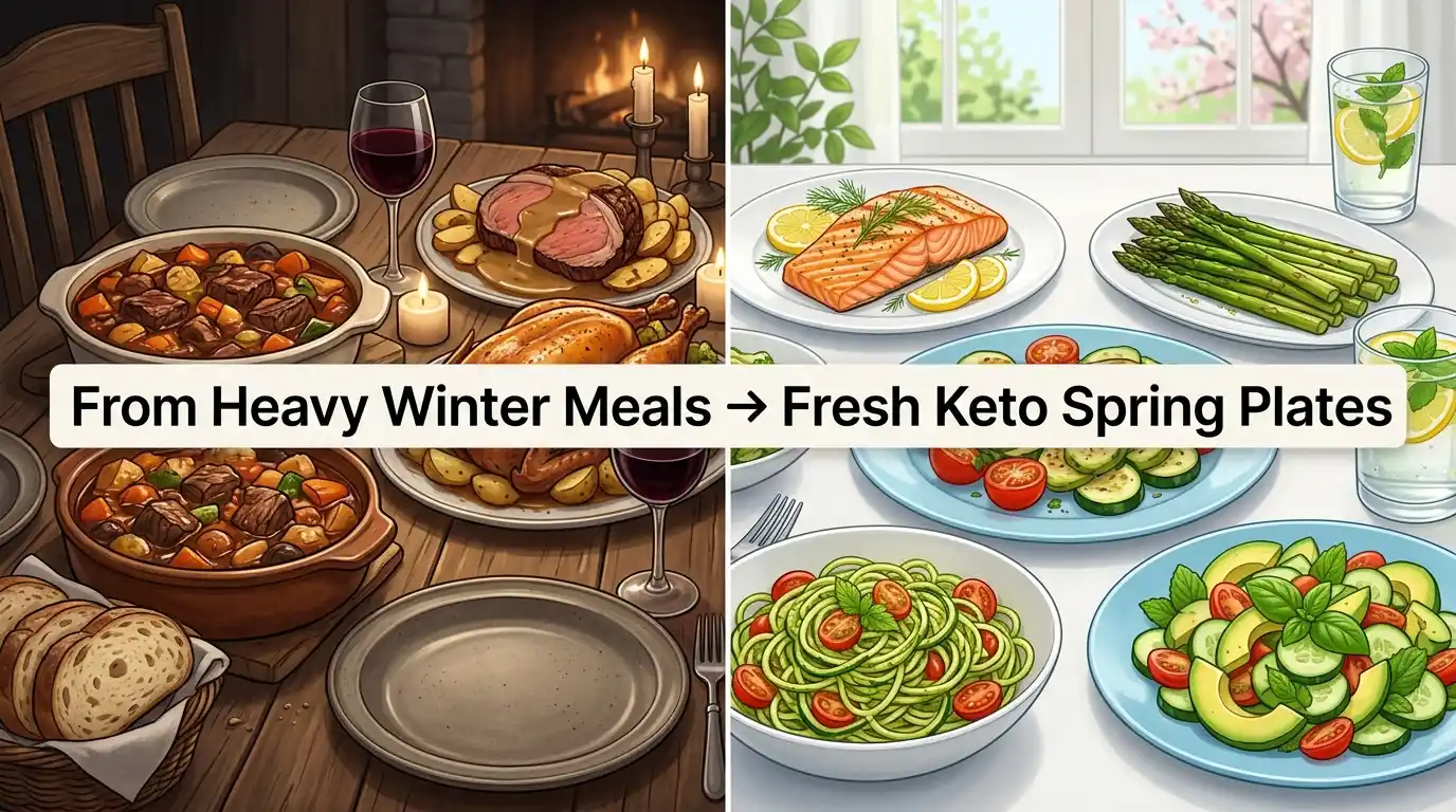 winter meals transitioning to light keto spring dishes with vegetables and herbs