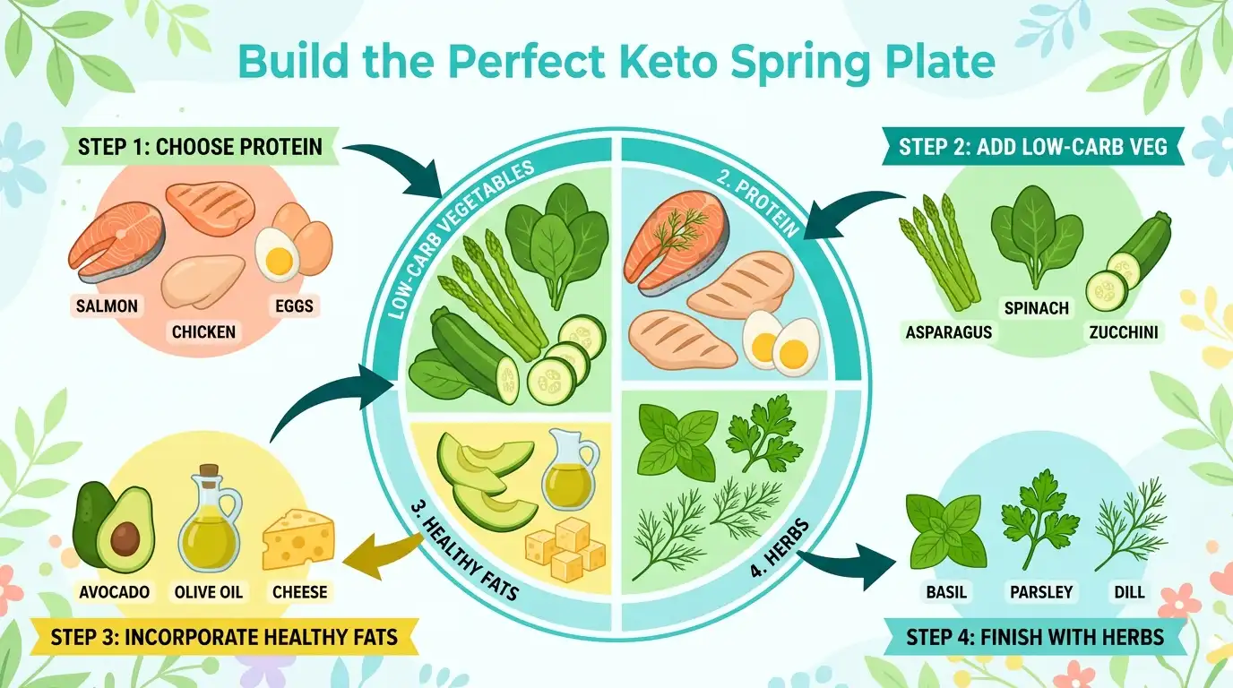 Create a step-by-step plate diagram explaining how to build a keto spring meal. The plate should be divided into labeled sections: low-carb vegetables (asparagus, spinach, zucchini), protein (salmon, chicken, eggs), healthy fats (avocado, olive oil, cheese), and herbs (basil, parsley, dill). Use bright spring colors and simple food illustrations. Include arrows showing how each component builds the meal. Title the graphic “Build the Perfect Keto Spring Plate.” Ensure all labels are fully visible with spacing and padding. Use a clean sans-serif font and a centered layout with margins to prevent edge clipping. Render in high resolution with anti-aliasing.