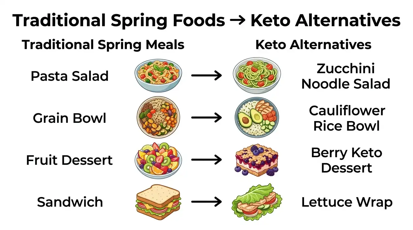 comparison chart showing traditional spring foods and keto alternatives