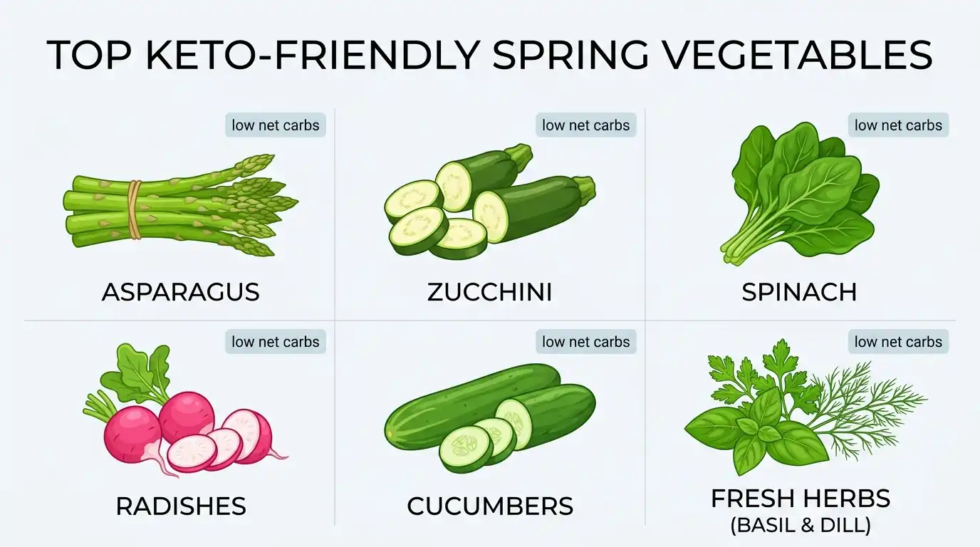 infographic showing low carb spring vegetables suitable for keto diet