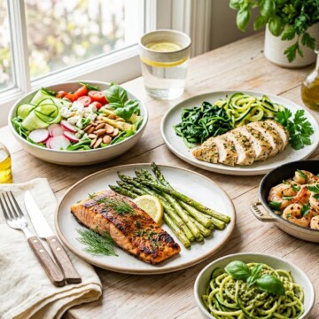 Colorful keto-friendly spring meal spread featuring grilled salmon, zucchini noodles, asparagus, avocado salad, shrimp, and fresh herbs arranged on a bright table with seasonal vegetables.