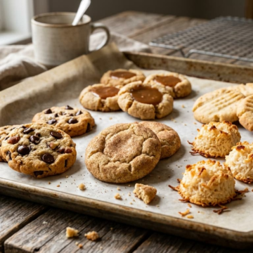 Assorted keto cookies on a parchment-lined baking sheet with chocolate chip, snickerdoodle, macaroon, thumbprint, and shortbread varieties showing soft centers and crisp edges in warm natural light